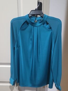 Dorothy Perkins Teal Keyhole Mock Neck Long-Sleeve Blouse